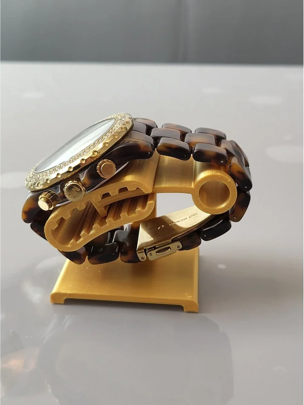 Michael Kors Men's Gold Chronograph Wristwatch Bracelet Brown Rhinestones Works!